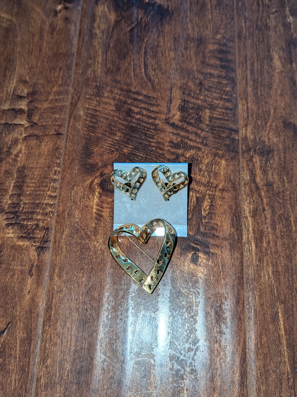 Gold Heart Brooch and Earrings Set - Studded Hearts